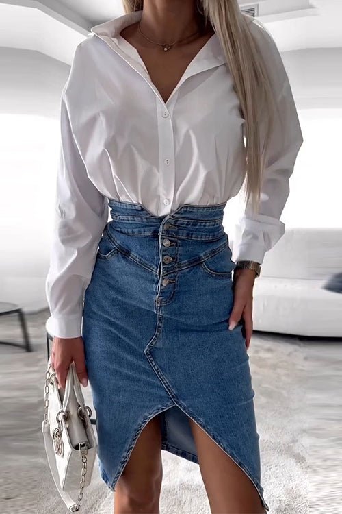 Front view of high waist denim slit skirt