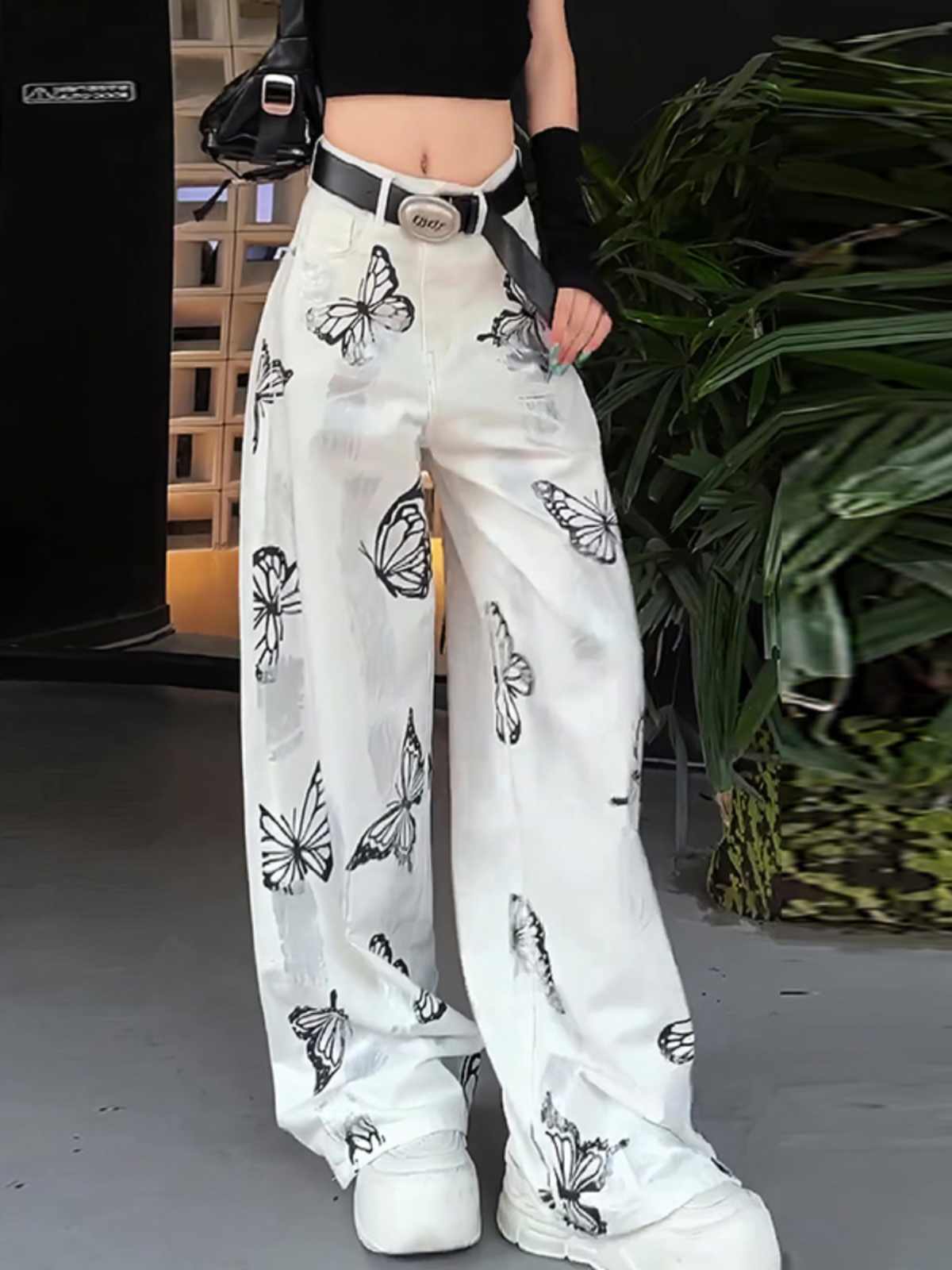 Butterfly Print White Pants Front View