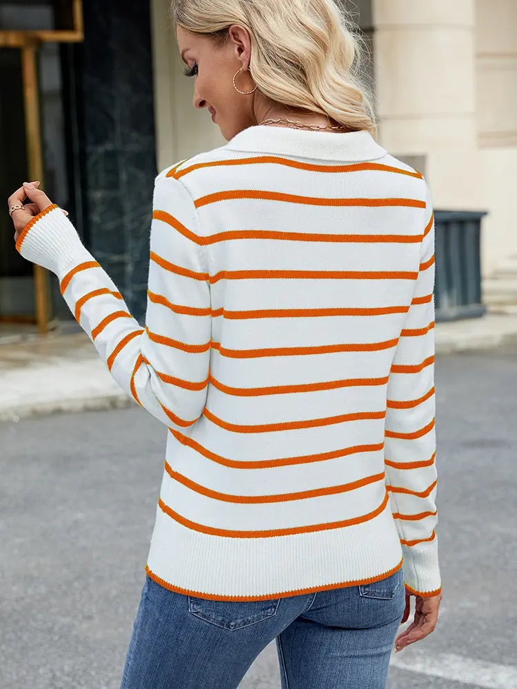 Back view of striped knit pullover sweater