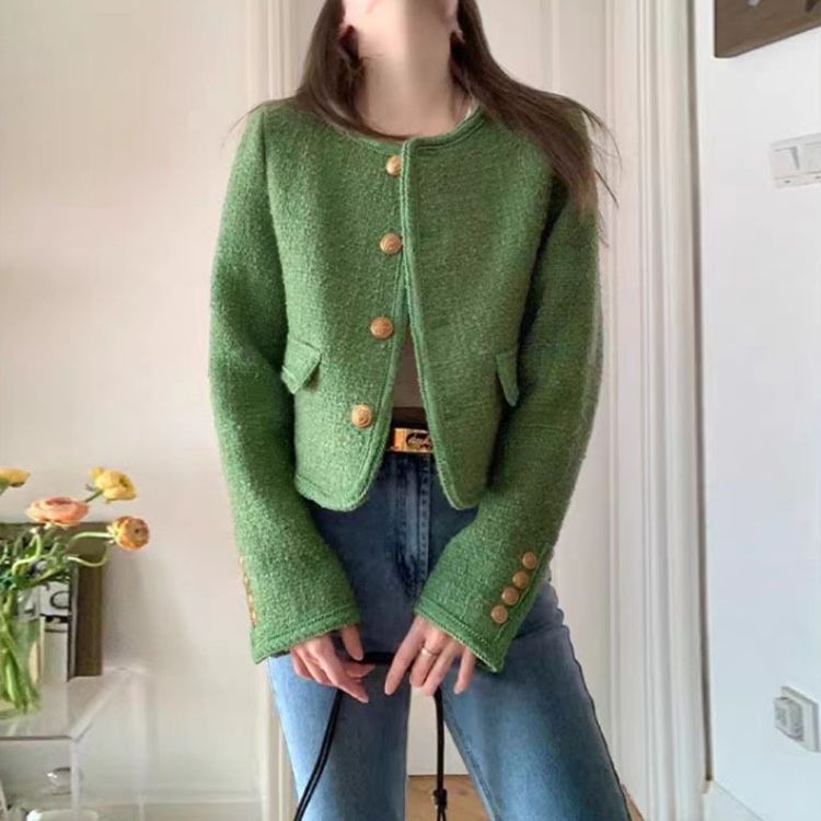 Green tweed jacket for women with gold buttons