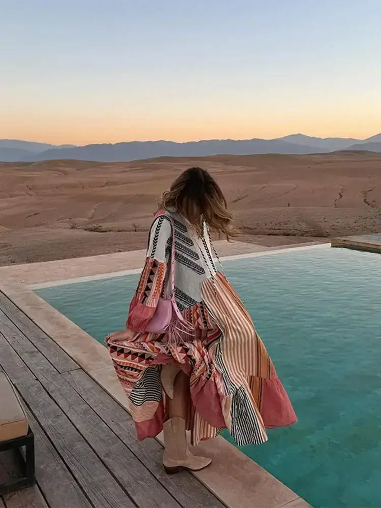 Back view of colorful boho beach robe