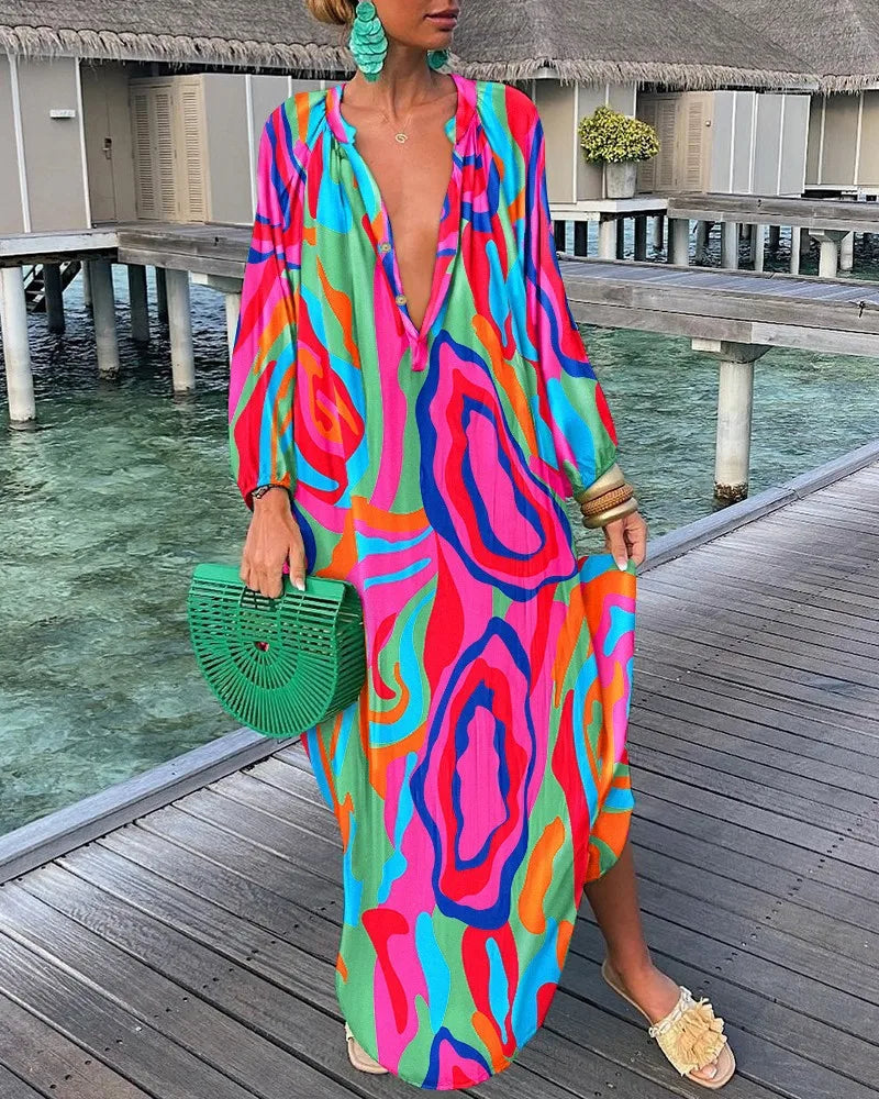 Back view of orange and blue floral summer dress