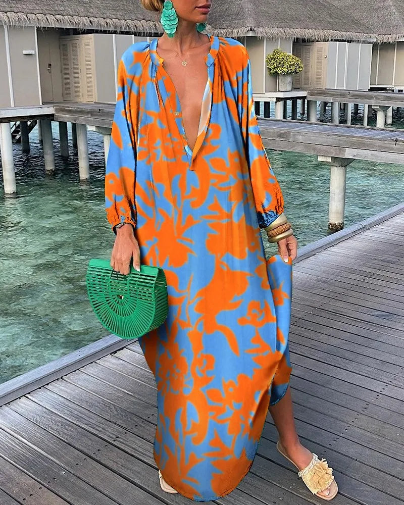 Front view of Glinette maxi dress with vibrant floral print
