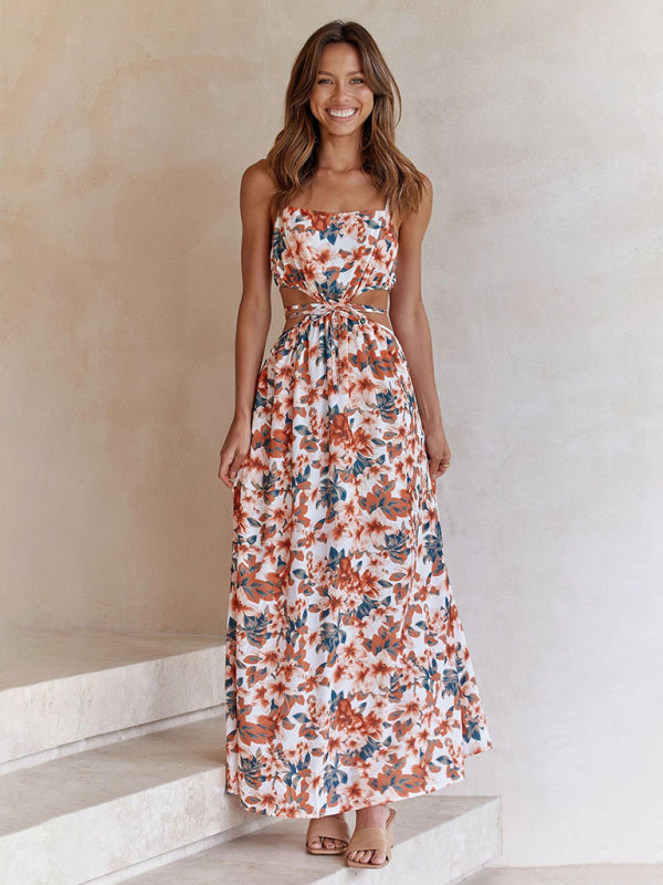 Floral cut-out tie maxi dress